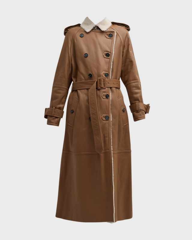 Stella Belted Leather Trench Coat with Shearling Lining